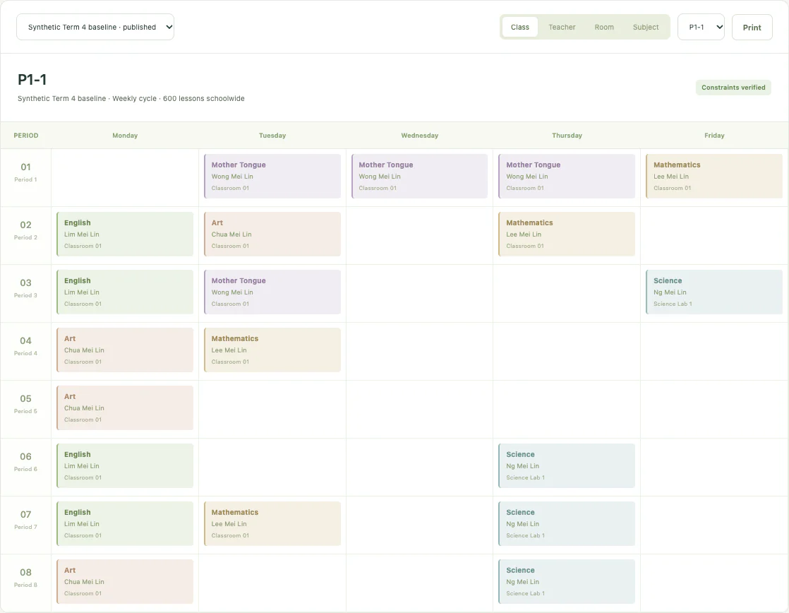 SchoolOps timetable with synthetic data